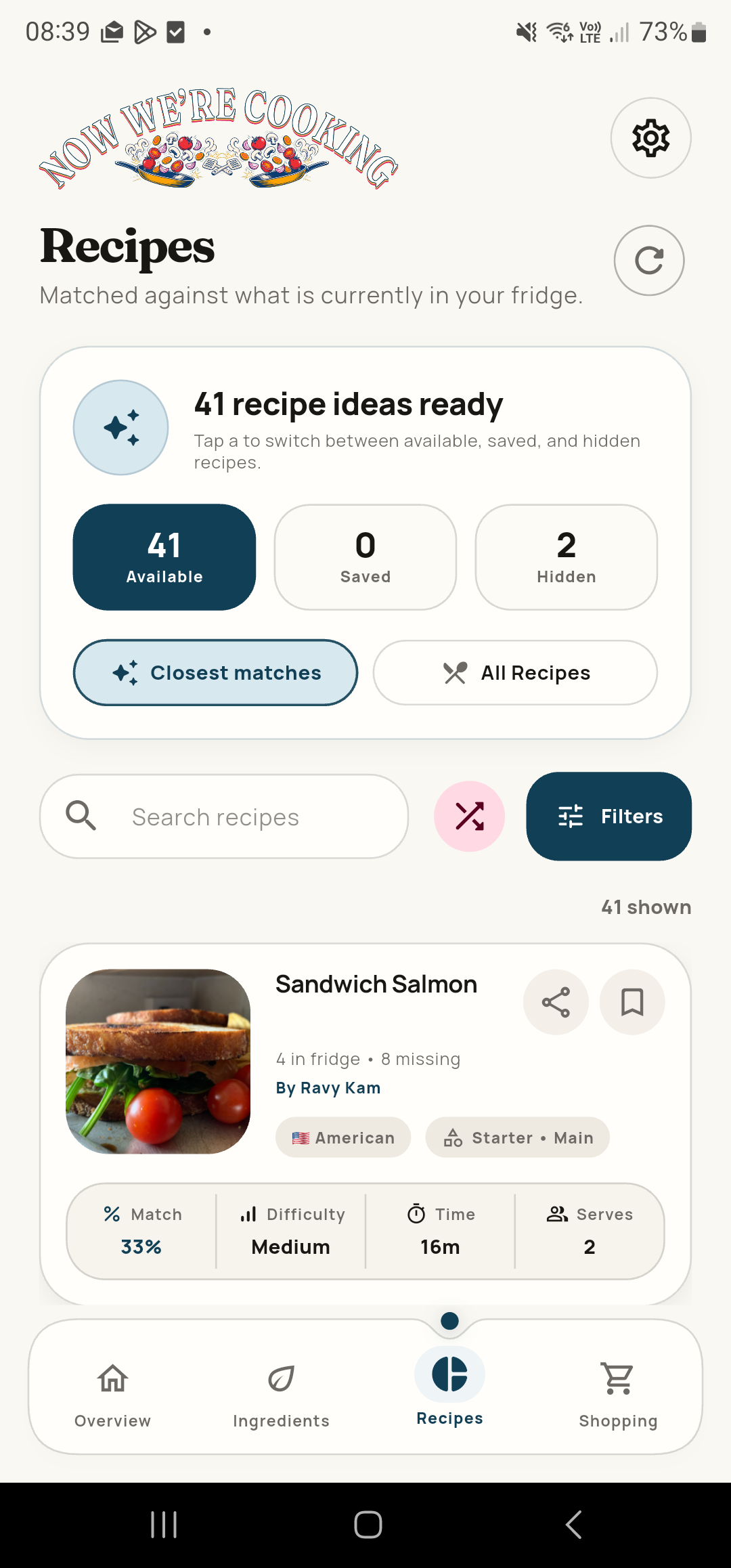 Now We're Cooking recipe screen showing 72 recipe ideas matched against the user's fridge